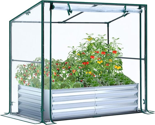Ohuhu Raised Garden Bed with Greenhouse, 4x2x1 FT Galvanized Metal Planter Box with PVC Cover, Protects Plants from Frost Birds Insects, 3-in-1 Gardening Set for Vegetable Flower Herb Succulent