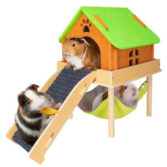BESNEW 3 in 1 Enlarged Guinea Pig Hammock with House & Platform,Wooden Guinea Pig Hideout with Hammock & Stairs Small Animal Toys for Hiding Sleeping Activities