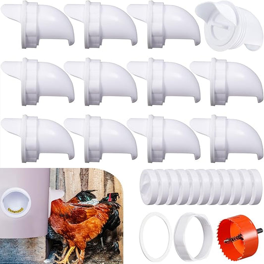 12 Ports DIY Poultry Feeder Ports,Rain Proof Gravity Fed Kit with Critter Stopper for Buckets,Barrels,Bins, Troughs,No Waste Chicken Feeder
