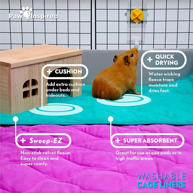 Paw Inspired Guinea Pig Cage Liners |Washable Fleece Bedding w/Waterproof Bottom |Super Absorbent Pee Pad or Pet Bed Mat for Guinea Pigs, Ferrets, Rabbits, Hamsters, Small Animals(C&C 2x1,Light Gray)