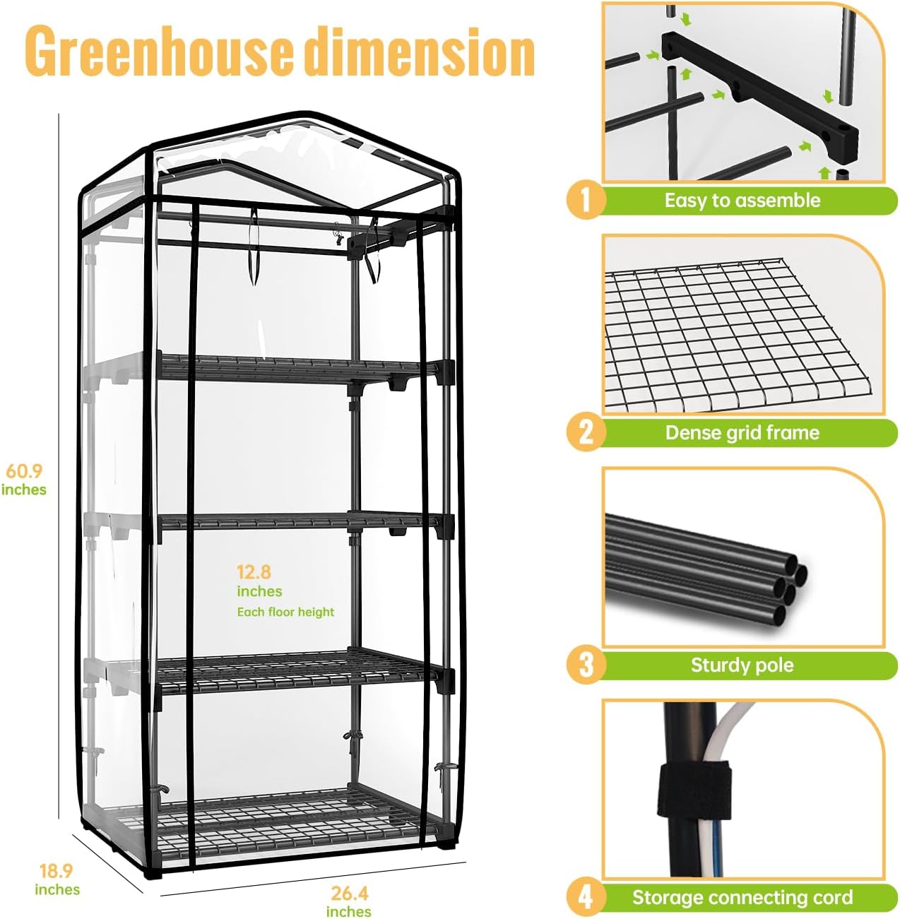SpeePlant Mini Indoor Greenhouse with Grow Light - 4 Tier Outdoor Portable Greenhouse with Shelves, Waterproof PVC Cover and 4 Dimmable 1.6FT 20W Grow Lights, 26.4"(L) X 19"(W) X 61"(H)
