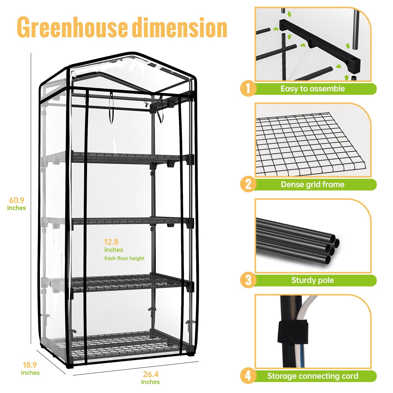 SpeePlant Mini Indoor Greenhouse with Grow Light - 4 Tier Outdoor Portable Greenhouse with Shelves, Waterproof PVC Cover and 4 Dimmable 1.6FT 20W Grow Lights, 26.4"(L) X 19"(W) X 61"(H)