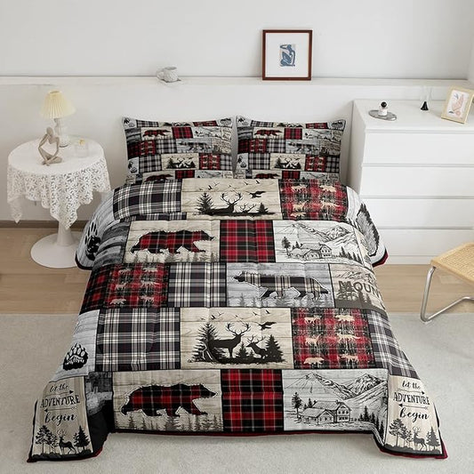 Rustic Cabin Comforter Set King Woodland Wolf Deer Bear Comforter For Kids Adults,Red Black Buffalo Plaid Bedding Set Wildlife Camping Lodge Mountain Quilt Bedding Southwestern Farmhouse Decor