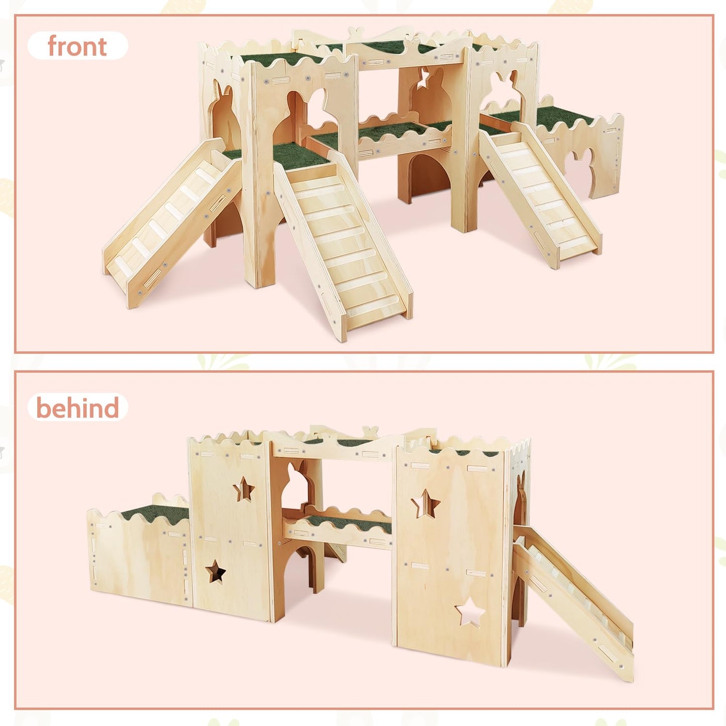 NICERINC PET Extra Large Wooden Rabbit Castle Hideaway Tunnel and Bed Small Animal Hideaway Hut Solid Safe Construction Play Hideaway Hut for Rabbit Guinea Pig Chinchilla