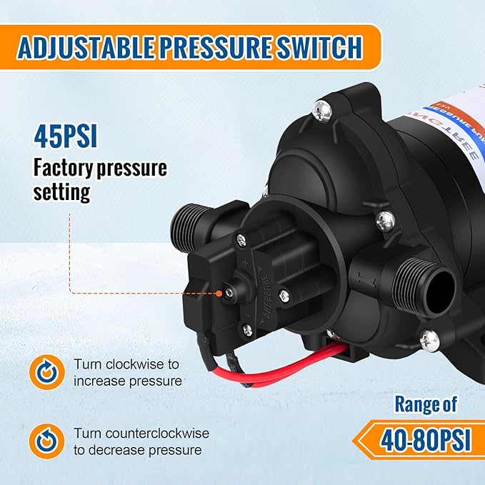 YOUNGTREE 12V RV Fresh Water Pressure Pump 3.5 GPM 45PSI On Demand 12Volt Water Diaphragm Pump with Pressure Switch for RV Boat Marine Sprayer Camper Shower