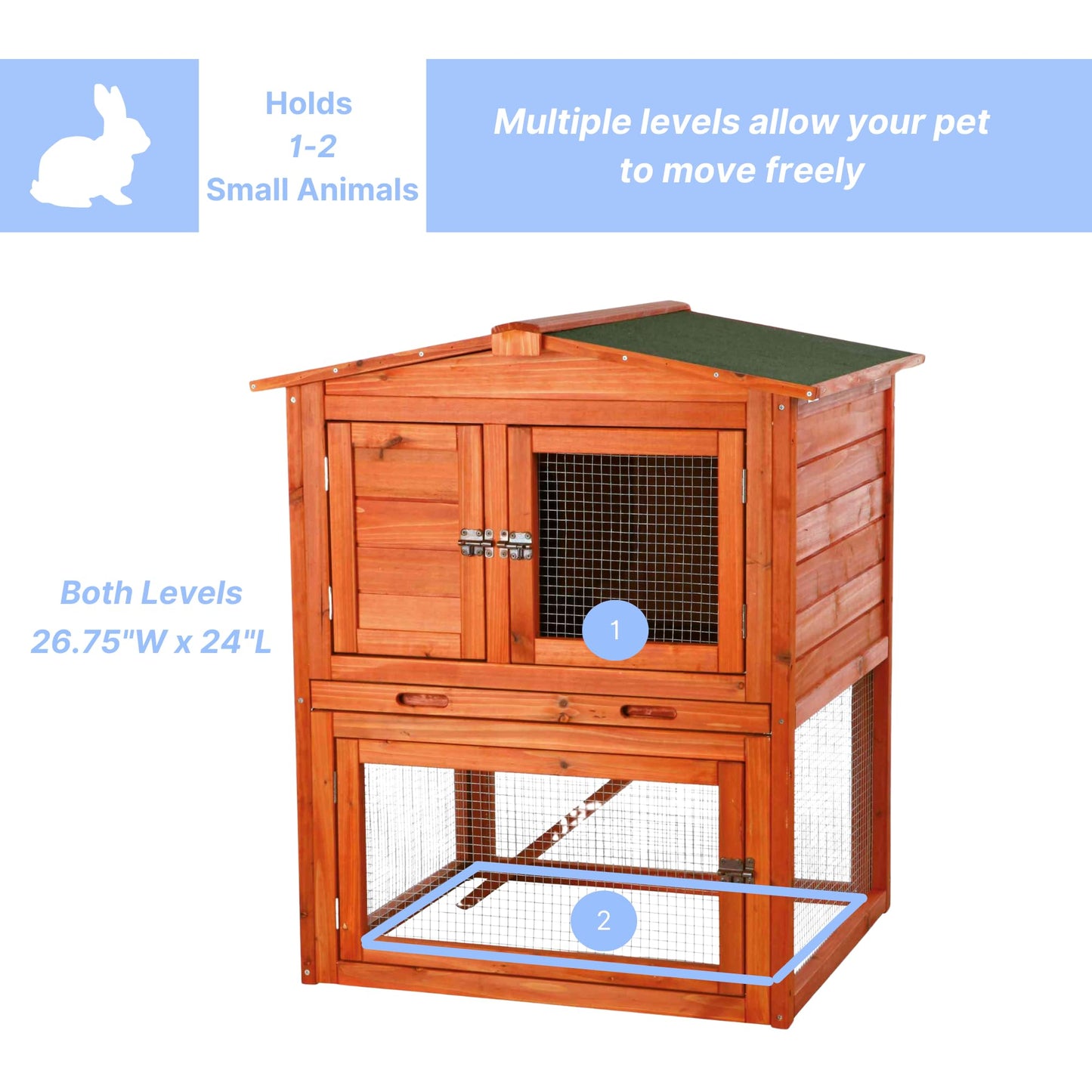 TRIXIE natura Outdoor Rabbit Hutch with Run - Small 2-Story Rabbit Cage with Non-Slip Ramp - Elevated Small Animal House with Secure Playpen, Hinged Roof & Pull-Out Tray - in Natural