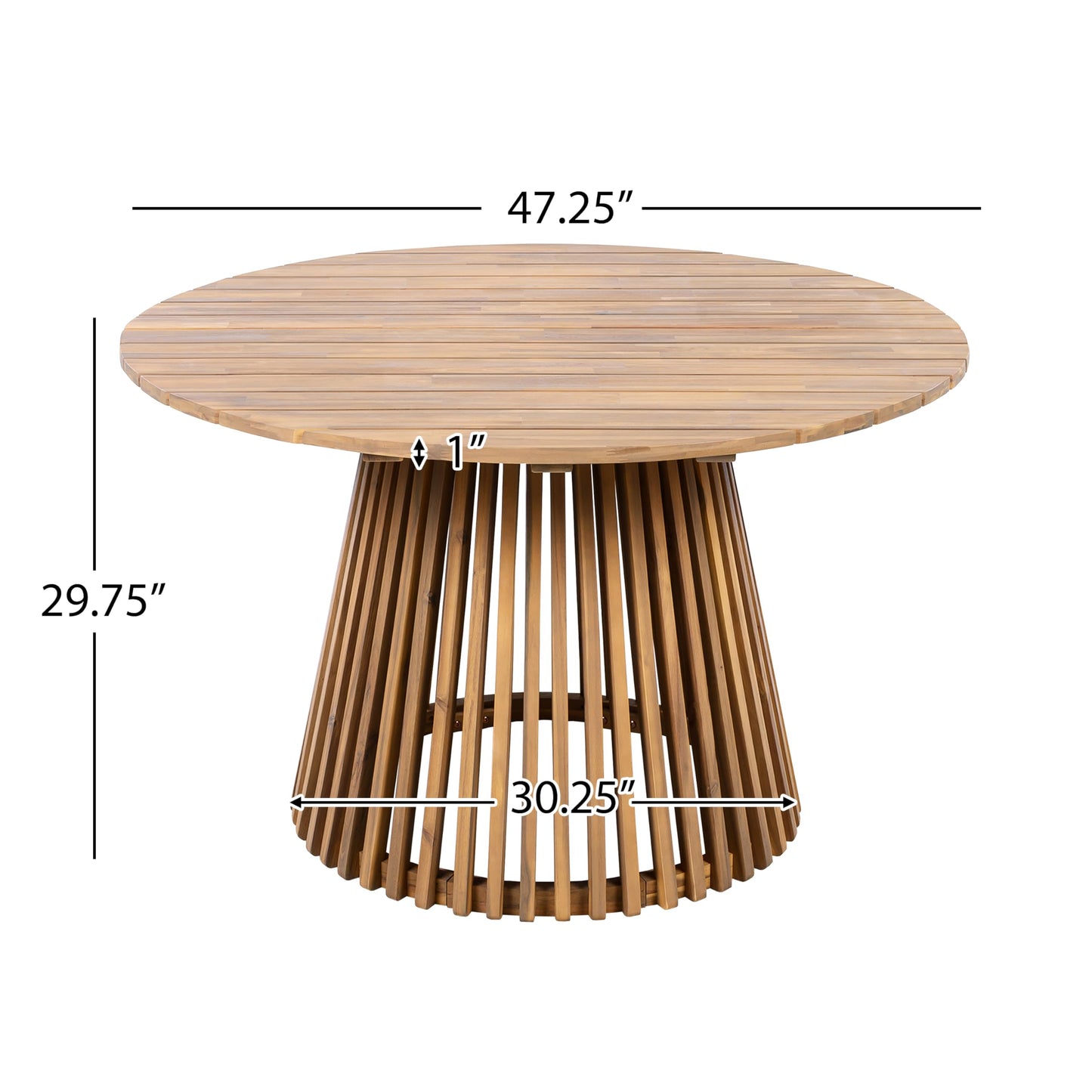 Christopher Knight Home Briar Farmhouse Acacia Wood Round Dining Table, Patio Dining Room Table with Unique Wooden Base for Backyard/Garden, Slatted Design Outdoor Dining Table, Light Teak
