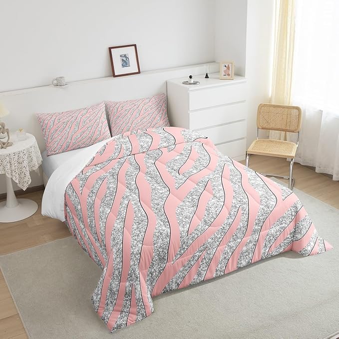 Women Leopard Bedding Set Girls Pink Silver Leopard Print Comforter Set for Kids Boys Teens Glitter Zebra Print Comforter Safari Animal Print Quilt Set Room Decor Duvet Set for All Season Queen Size