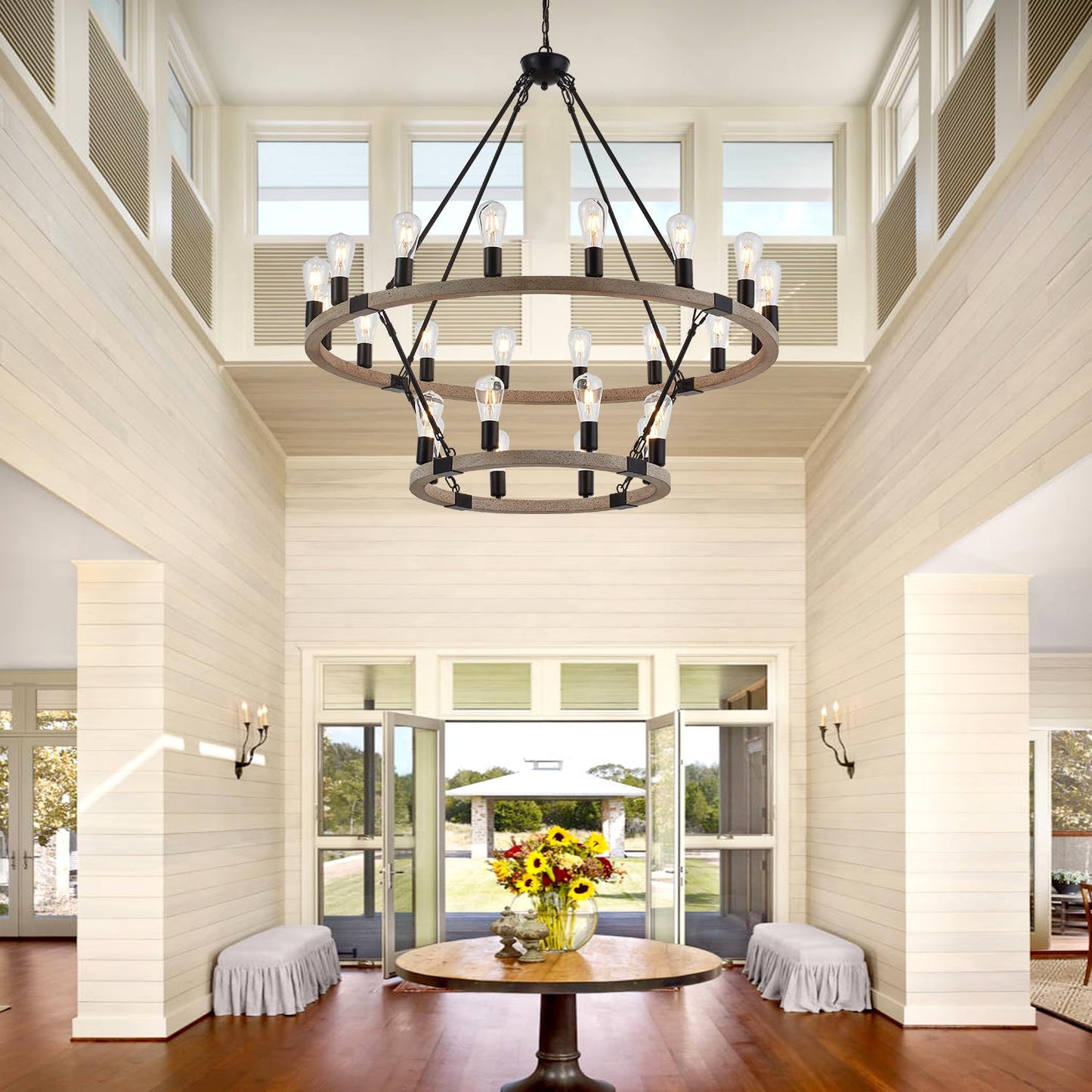 brfaixla 2-Tiers Wagon Wheel Chandelier Wooden Farmhouse 24-Light(16+8) 43.34'' Cream Colored, Black Metal Pendant Chandeliers 2 Story Rustic Light Fixtures Industrial for High Ceiling Living Foyer