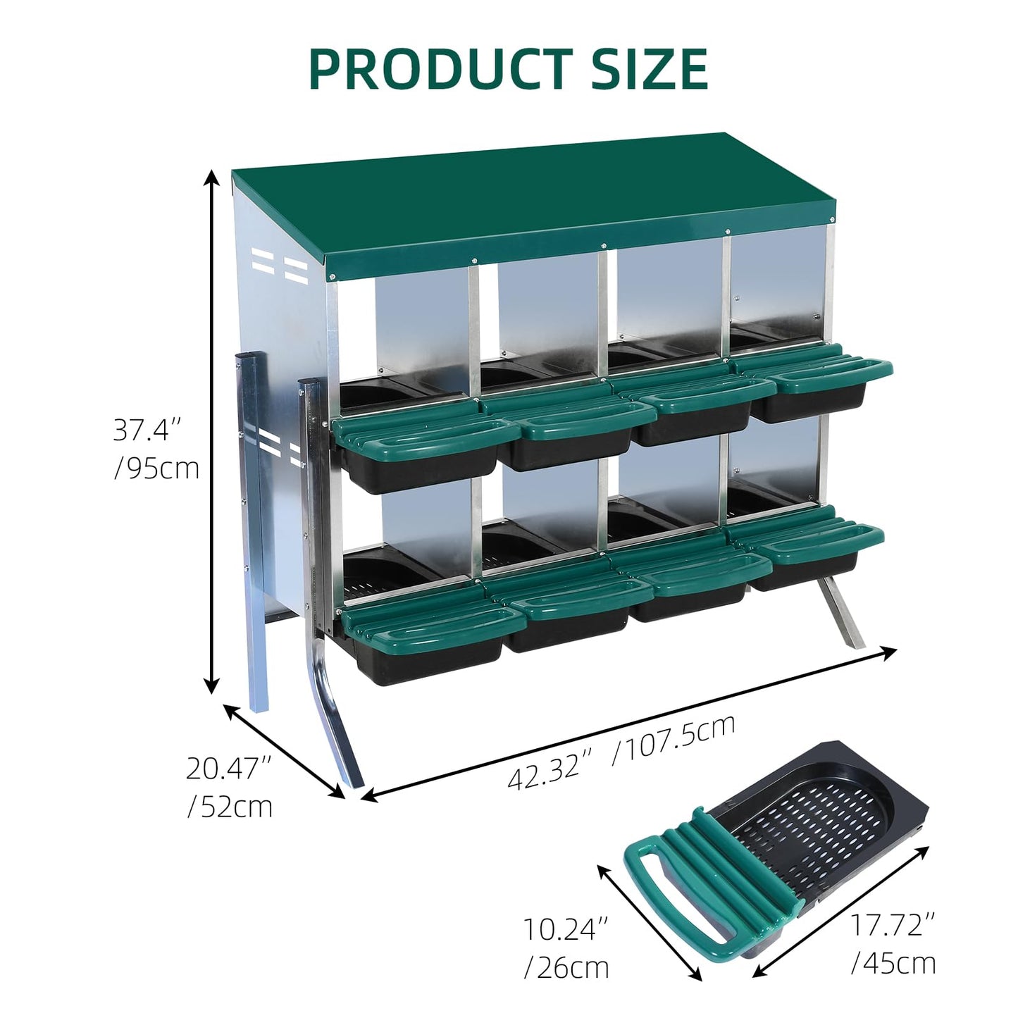 Chicken Nesting Boxes, 8 Compartments Nesting Box for Chickens Egg Laying, Chicken Laying Boxes with Roll Out Egg Collection, Vented Holes for Outdoor Chicken Coop, Green, with Legs