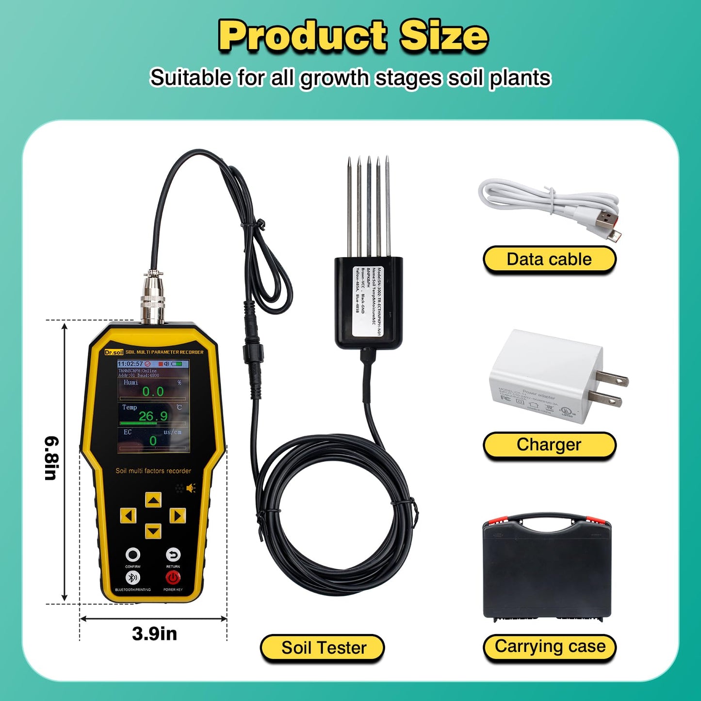 New 7 in 1 Soil Tester with LCD Display, Nitrogen Phosphorus Potassium NPK Tester, Handheld Soil PH Meter Kit, Temperature, Conductivity, Moisture, EC Meter for Agriculture and Surveying