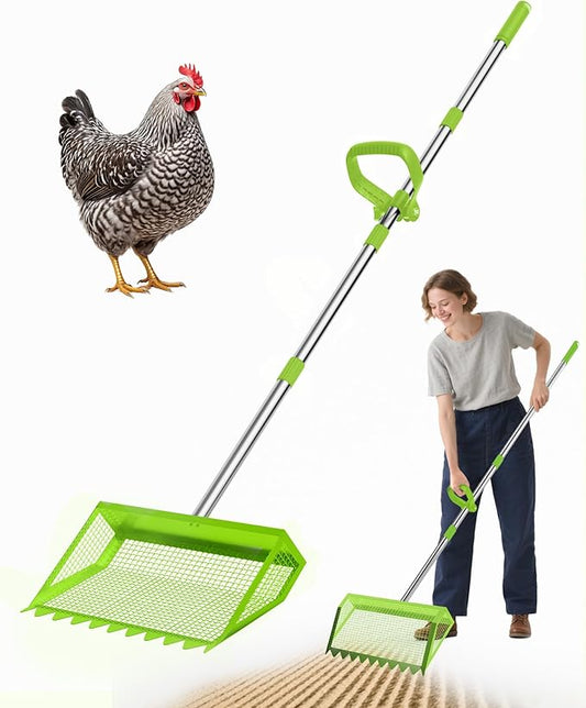 Chicken Poop Scooper & Rake - 2-in-1 Metal Chicken Coop Scoop for Sand with 22 to 62" Adjustable Handle, Litter Sifting Shovel Cleaning Tools for Chicken Run, Animal Farm, Duck Coop, Green