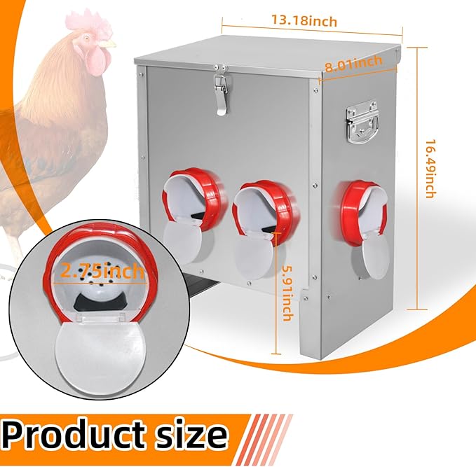 Automatic Poultry Chicken Feeder No Waste Metal Large Capacity 30 lbs Feeders for Chickens Ducks, Geese Bantams Pheasants Coop Weatherproof (6-Port)