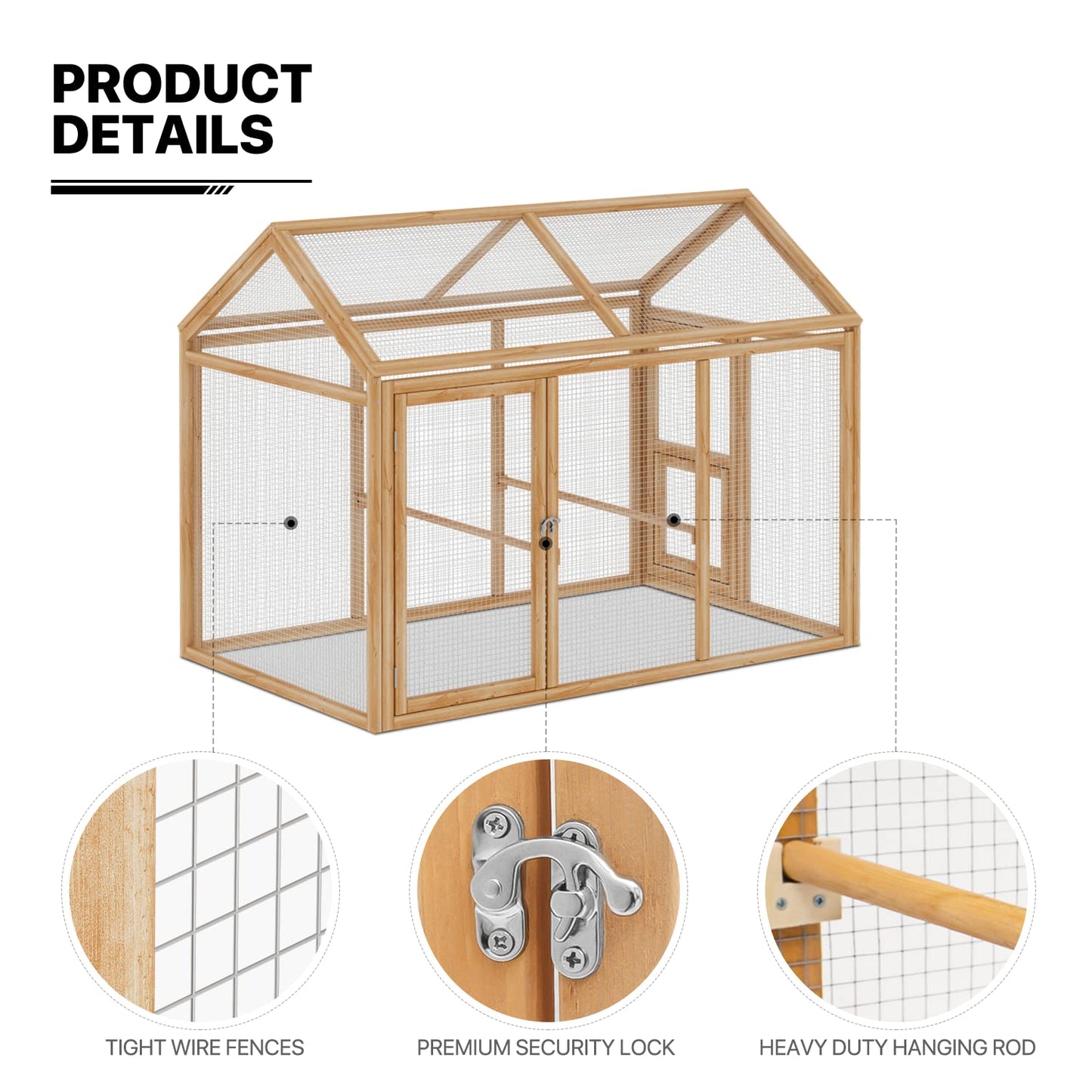 MoNiBloom Outdoor Chicken Coop Large Hen House Poultry Cage with Roosting Rods, Farmhouse Backyard Wood Rabbit Hutch Small Pets Playpens Spire Shaped Coops Triple Access/Feeding Doors 55 x 33.5 x 42.5