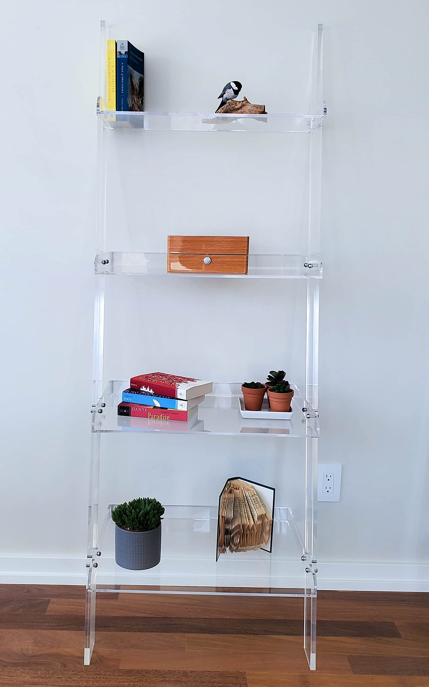 Acrylic Ladder Bookcase Wall Leaning Shelves – Large & Robust Modern Clear Floating Bookshelf - Decor Display for Open Shelving, Organizer, or Storage in the Living Room, Office, Bedroom, or Bathroom