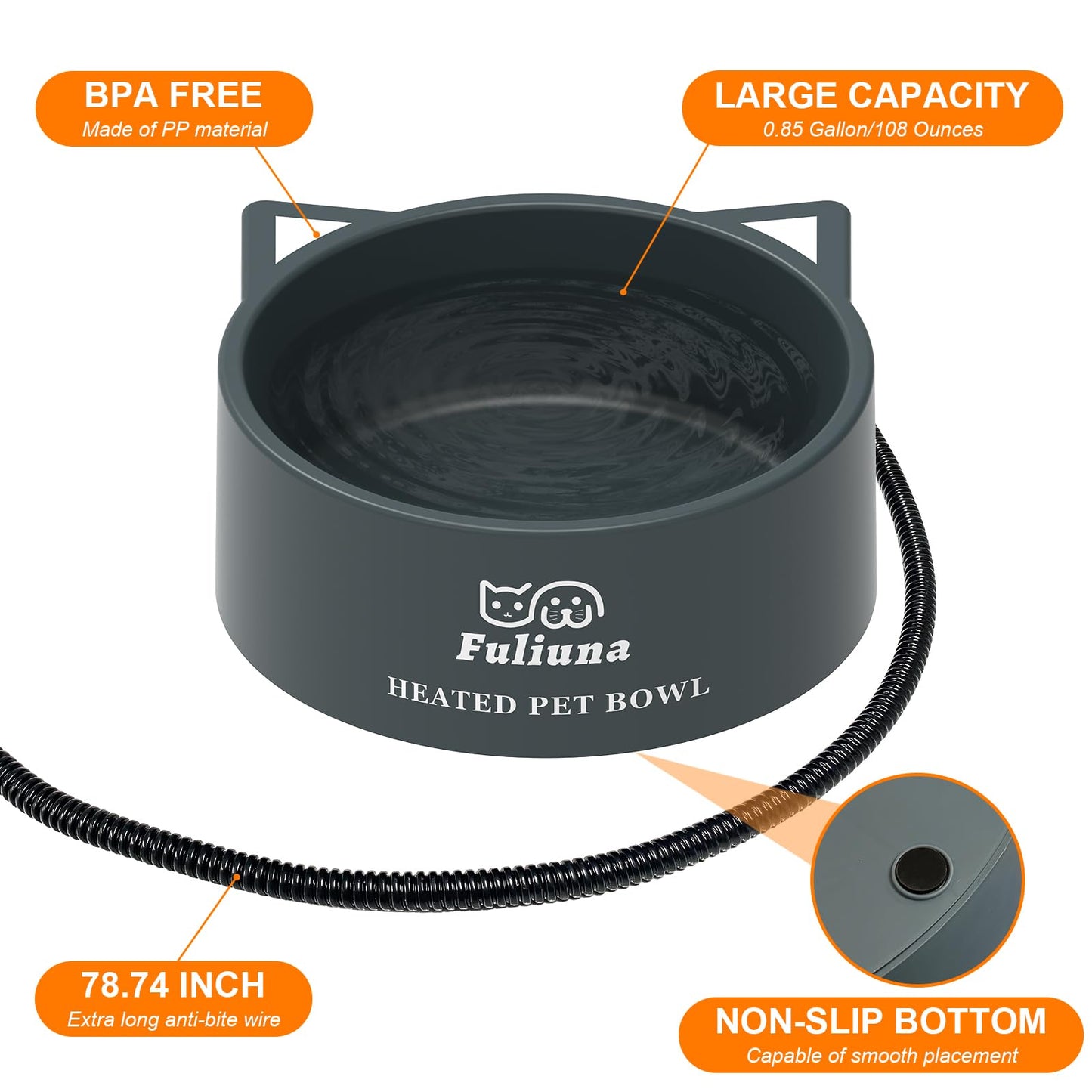 3.2L Large Heated Water Bowl, Outside Heated Dog Dish with Chew Resistant Power Cord, Thermal Bowls Provide Drinkable Water in Winter, Anti-Slip Pet Bowls for Dog Cat Rabbit Chicken Duck Grey