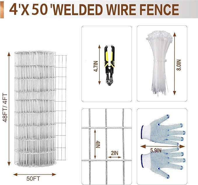 Tongmo 4 ft x 50 ft Galvanized Welded Wire Fence, 16GA Garden Chicken Wire Fence Roll, Mesh Size 2" x 4"Hardware Cloth, Ideal for Yard Protection and Poultry Netting