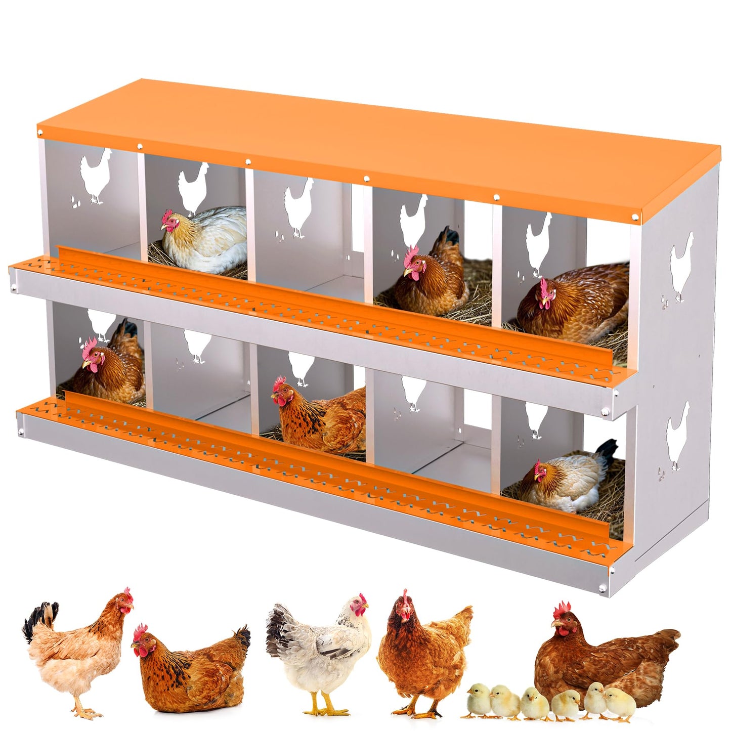 Chicken Nesting Box, 10 Compartment Galvanized Steel Chicken Laying Boxes, Nesting Boxes for Chickens, Easy Egg Collection for Chicken Coop, Backyard, Farms, Orange