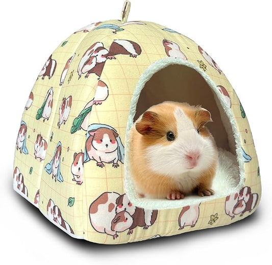 LUCKITTY Guinea Pig Hideout Bed 11.8-Inch Cube - Cozy Small Animal House for Guinea Pigs, Chew-Proof Hideaway with Ventilation (Yellow, Adorable Guinea Pig Print)