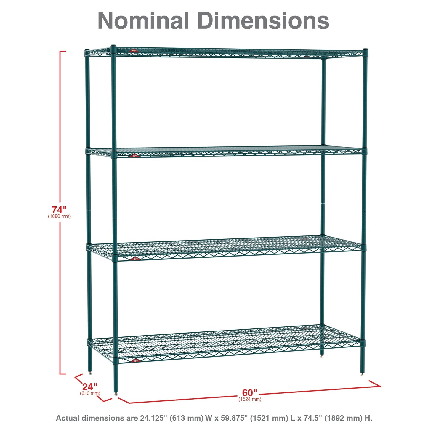 METRO Super Erecta Metroseal Green Epoxy Shelving Unit - Industrial Wire Shelving for Restaurants, Kitchens, Walk-in Coolers/Freezers with Microban - 4 Tier, 2000 lbs Capacity, 24” W x 60” L x 74” H