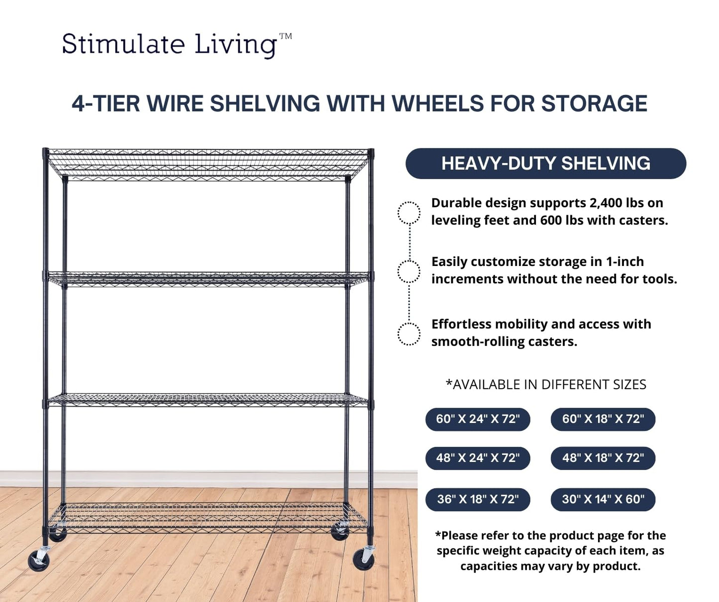 60"x24"x72" PRIME HEAVY DUTY Black 4-Tier Wire Shelving NSF 2400 LBS MAX Capacity Storage Rack for Commercial, School, Home, Garage, Warehouse, Industrial, and Hospital Uses (with Wheels)