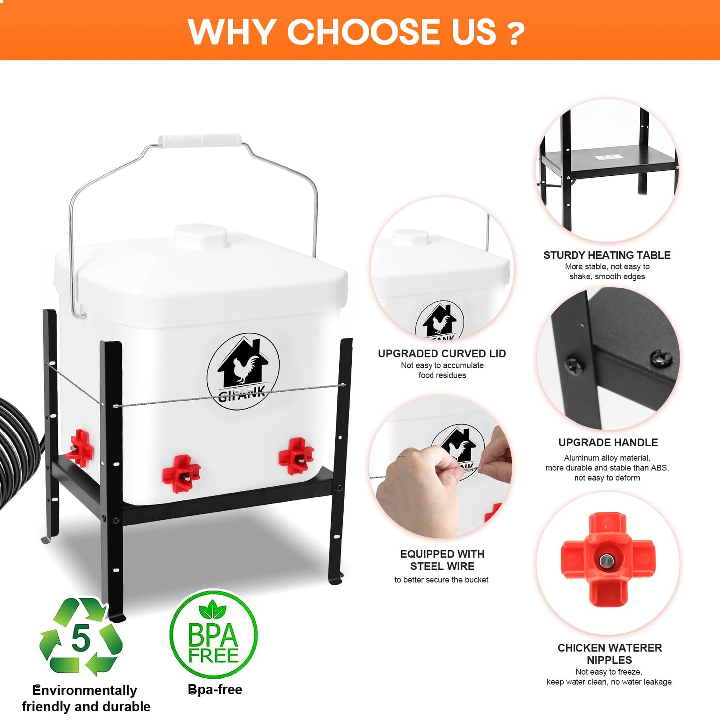 2 in 1 Heated Chicken Waterer 2 Gallon with Heated Stainless Steel Table Heated Poultry Waterer Constant Temperature Chicken Coop Water Heater for Winter Chicken Coop Accessories