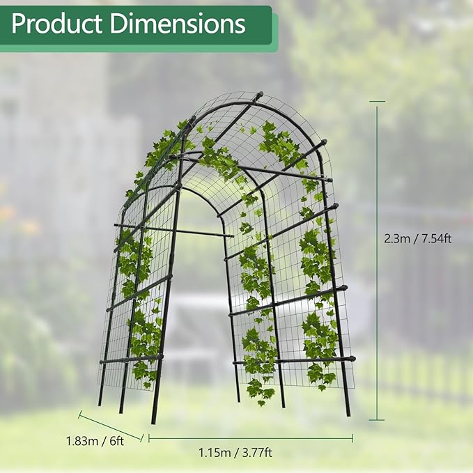 7.5FT Garden Arch Trellis with Netting, Heavy Duty Metal Climbing Plant Support, Adjustable 35''-45'' Wide Pergola Arbor for Vines, Flowers & Outdoor Wedding, Black