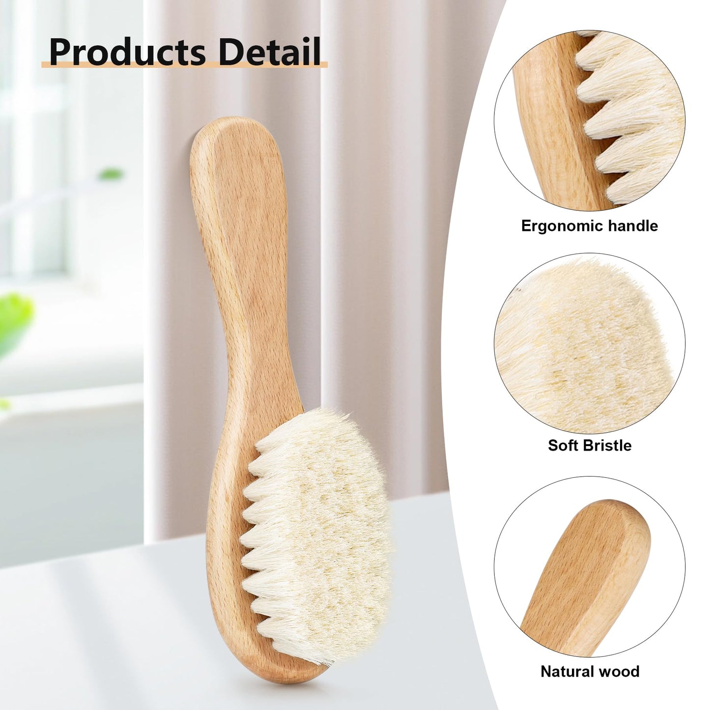 Molylove Baby Hair Brush with Wooden Handle and Comb Set for Newborns & Toddlers | Natural Soft Goat Bristles l Wood Comb l Green Cradle Cap Brush | Ideal for Cradle Cap (3 Piece)