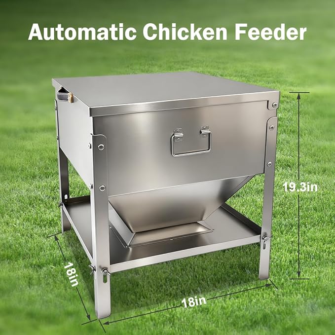 Stainless Steel Chicken Feeder No Waste, 60LBS Large Capacity Poultry Feeder, Adjustable Metal Chicken Coop Feeder with Lid and Handle