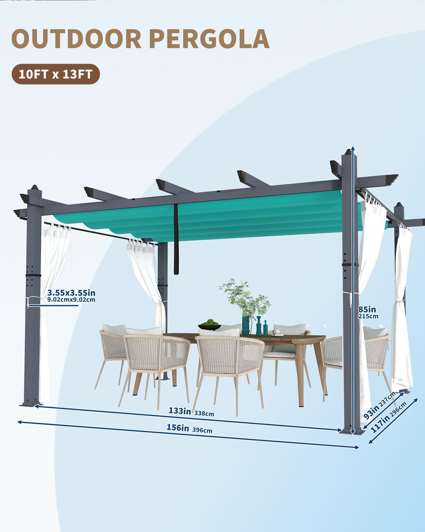 Garvee 10x13 Ft Outdoor Pergola with Retractable Canopy & Side Mesh Screen Gray Column Patio Gazebo for Garden Grape Trellis Backyard Deck(Blue+White)