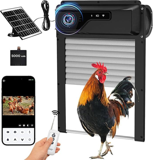 Automatic Chicken Coop Door with HD1080P Camera，Electric Auto WiFi Solar Chicken Coop Door Opener with Timer,Remote Control, APP Control, 5000mA Battery, Night Vision, Alarm Drive,Roll-up Gate