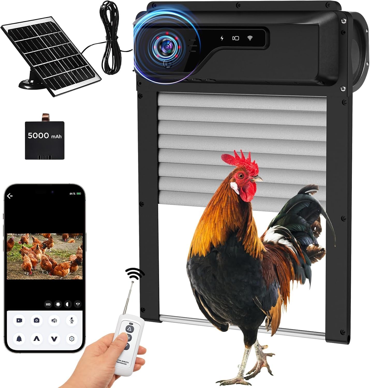 Automatic Chicken Coop Door with HD1080P Camera，Electric Auto WiFi Solar Chicken Coop Door Opener with Timer,Remote Control, APP Control, 5000mA Battery, Night Vision, Alarm Drive,Roll-up Gate