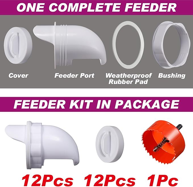 12 Ports DIY Poultry Feeder Ports,Rain Proof Gravity Fed Kit with Critter Stopper for Buckets,Barrels,Bins, Troughs,No Waste Chicken Feeder