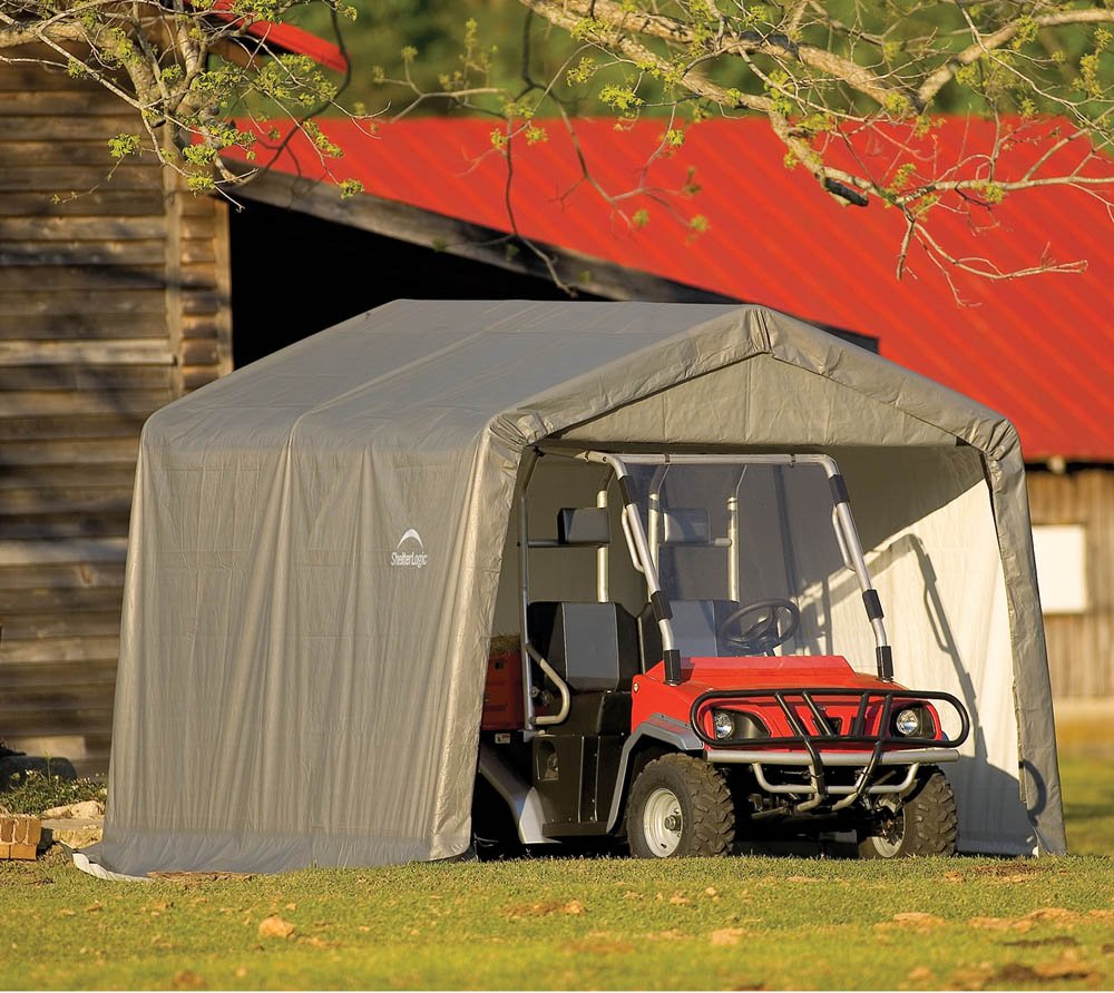 ShelterLogic 10' x 10' Shed-in-a-Box All Season Steel Metal Peak Roof Outdoor Storage Shed with Waterproof Cover and Heavy Duty Reusable Auger Anchors, grey