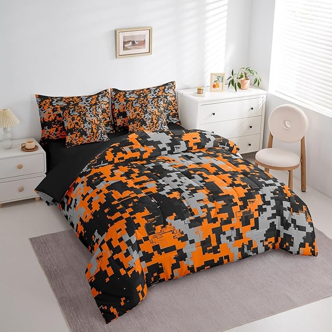 jejeloiu Orange Camouflage Comforter Set with Sheets for Kids Boys Camo Bed in a Bag Twin Size Military Style Vintage Abstract Geometric Disruptive Pattern 7 Pieces Bedding Set Bedroom Decor Soft