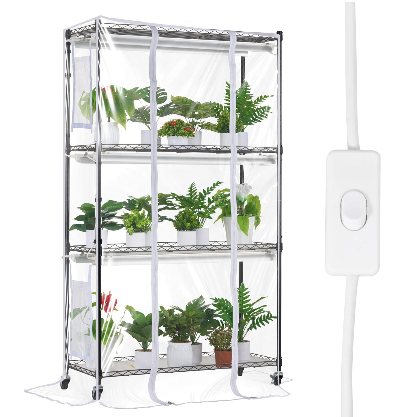 VEVOR Plant Stand with Grow Light, Grow Light Shelf with Cover and Thermometer, 4 Tiers 180W Plant Shelf with Grow Light, Full Spectrum Light Mini Greenhouse Plant Stand with Timer for Seed Starting