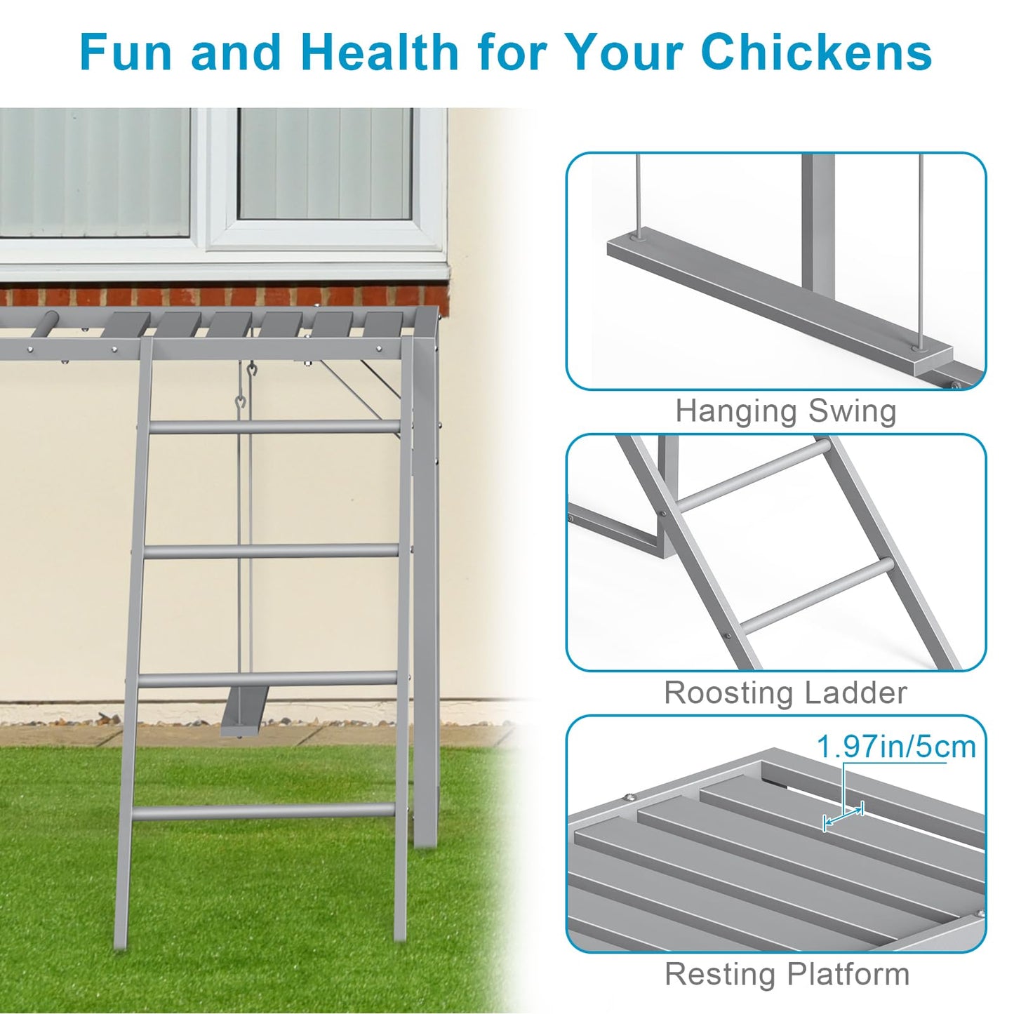 Chicken Perch with Swing Set, Roosting Bars for Chickens in Coop for Pet Chickens' Health and Happiness, Metal Chicken Toys Accessories for Backyard Farms, Light Gray