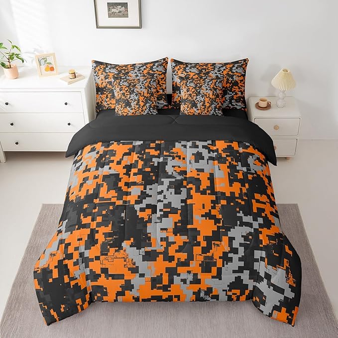 jejeloiu Orange Camouflage Comforter Set with Sheets for Kids Boys Camo Bed in a Bag Twin Size Military Style Vintage Abstract Geometric Disruptive Pattern 7 Pieces Bedding Set Bedroom Decor Soft