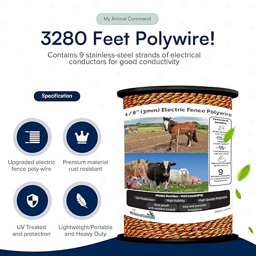 1/8 Inch Thick Polywire Electric Fence 3280 Feet/1000m Length for Containment of Livestock, Horses Deers, Bears, Farm Animals, Gardens, Pets, Hot Wire Portable Fence High Visibility