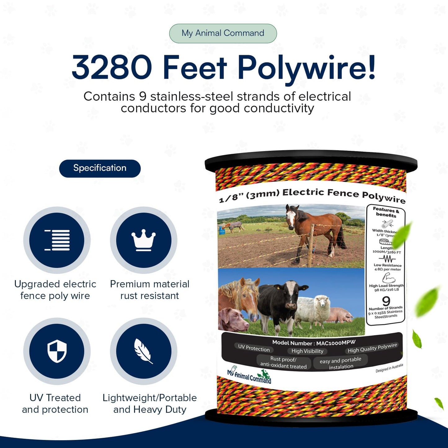My Animal Command 1/8 Inch Thick Polywire Electric Fence 3280 Feet/1000m Length for Containment of Livestock, Horses Deers, Bears, Farm Animals, Gardens, Pets, Hot Wire Portable Fence High Visibility