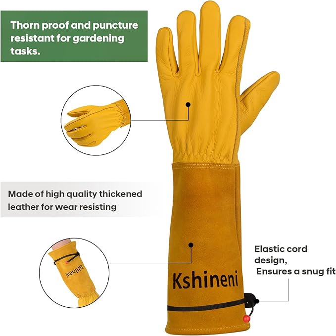 Garden Gloves, Thorn Proof Rose Pruning Gardening Gloves for Men & Women, Long Leather Glove for Weeding, Planting, Digging, Medium Size