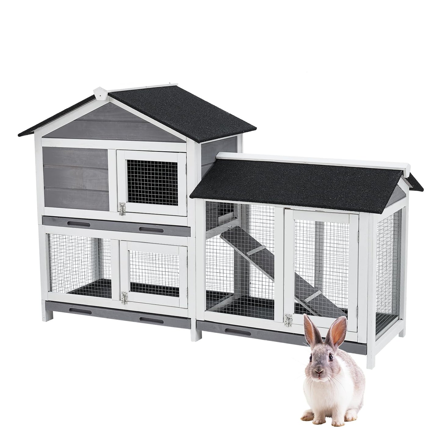 58'' Bunny Hutch Indoor with 3 Leak-Proof Trays, Wooden Waterproof Roof Rabbit Hutch Indoor/Outdoor, 2-Tier Bunny House/Chicken Coop, Gray and Black