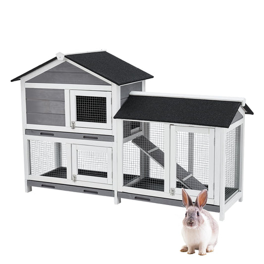 58'' Bunny Hutch Indoor with 3 Leak-Proof Trays, Wooden Waterproof Roof Rabbit Hutch Indoor/Outdoor, 2-Tier Bunny House/Chicken Coop, Gray and Black
