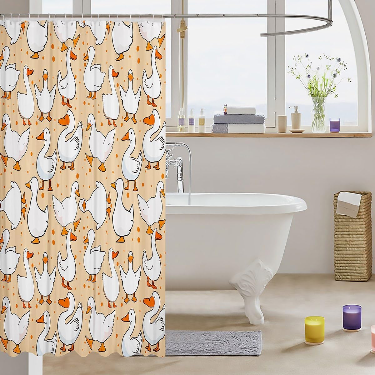 Homewish Cute Goose Shower Curtains,Cartoon Farmhouse Livestock Animal Bath Curtain,Kawaii Duck Hand Drawn Orange Waterproof Fabric Curtain with Hooks Bathroom Decor, 72Wx72L inch