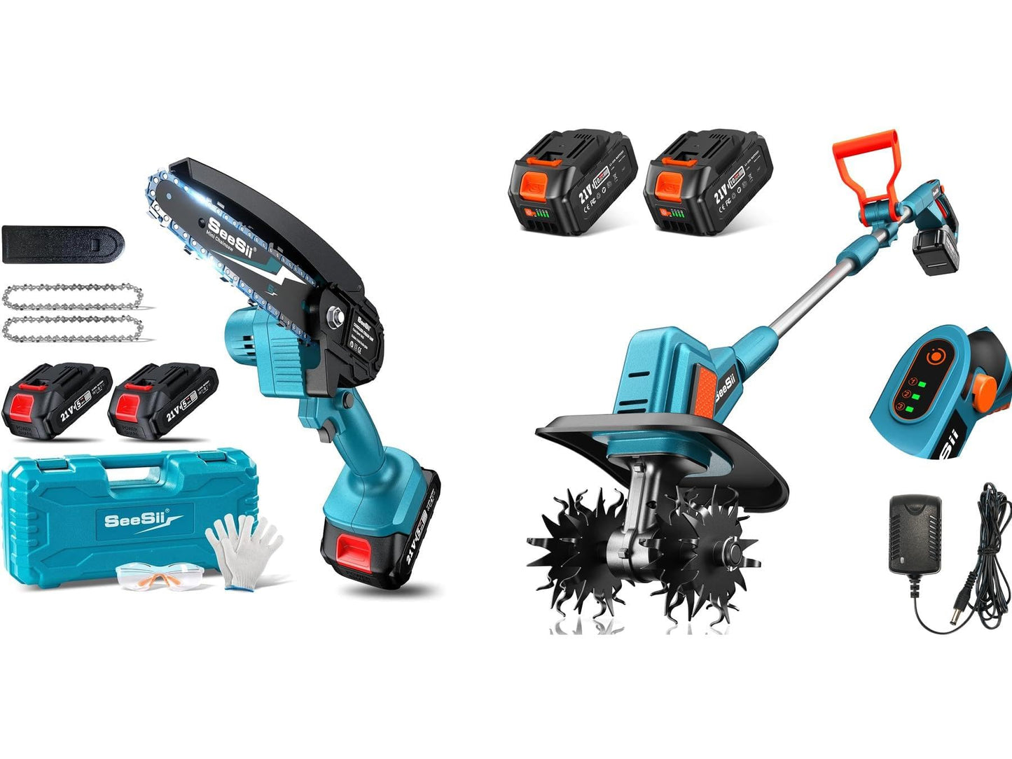 SEESII Electric Tiller for Gardening 300 RPM,SEESII Mini Chainsaw Cordless 6-inch