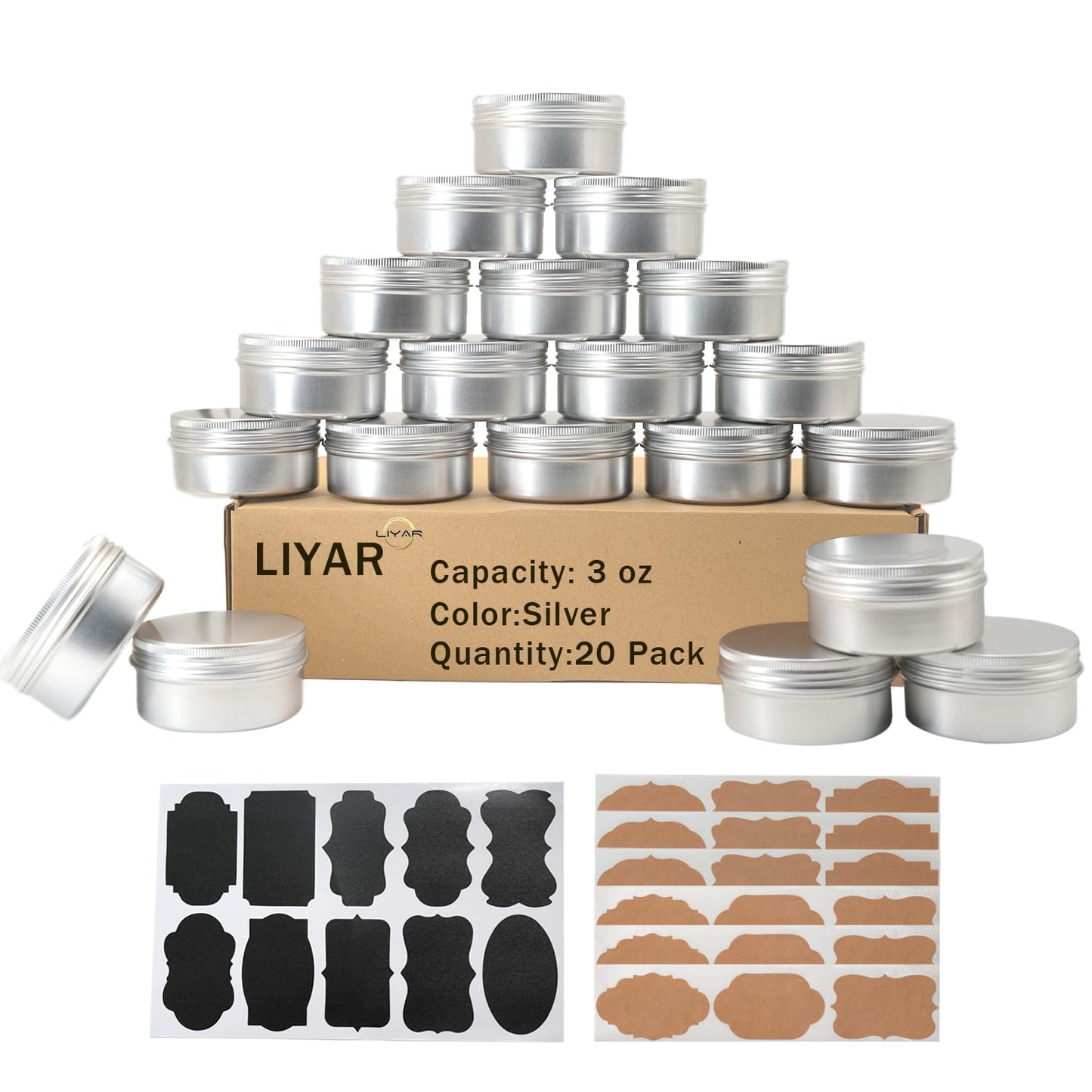 LIYAR 3 oz Tins Aluminum Can 20 Pack Salve Tins Metal Tin Jars, 3oz Tin with Lids Refillable Containers With Screw Top and Labels for Salve,Candle,Spices or Balms(Silver)