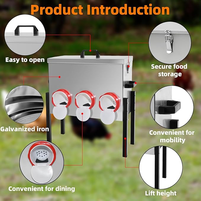 Automatic Poultry Chicken Feeder No Waste Metal Large Capacity 30 lbs Feeders for Chickens Ducks, Geese Bantams Pheasants Coop Weatherproof (6-Port)