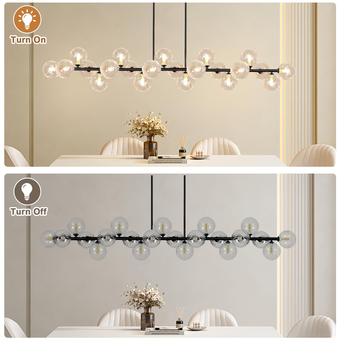 Lzawvm Modern Linear Chandeliers for Dining Room 70 Inhch Sputnik Linear Chandelier Clear Striped Glass Globe Pendant Light for Kitchen Island, Farmhouse, Living Room, Dia 70 Inch