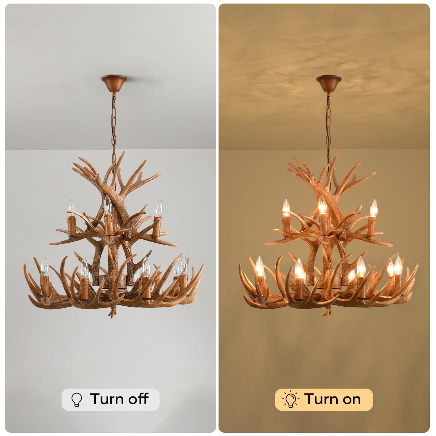 Deer Antler Chandelier 12 Light, 2-Tier Large Resin Rustic Farmhouse Deer Antler Ceiling Light Fixtures, Low/High Ceiling Hanging Antlers Chandelier Lighting for Bedroom Stairway Foyer Porch Kitchen