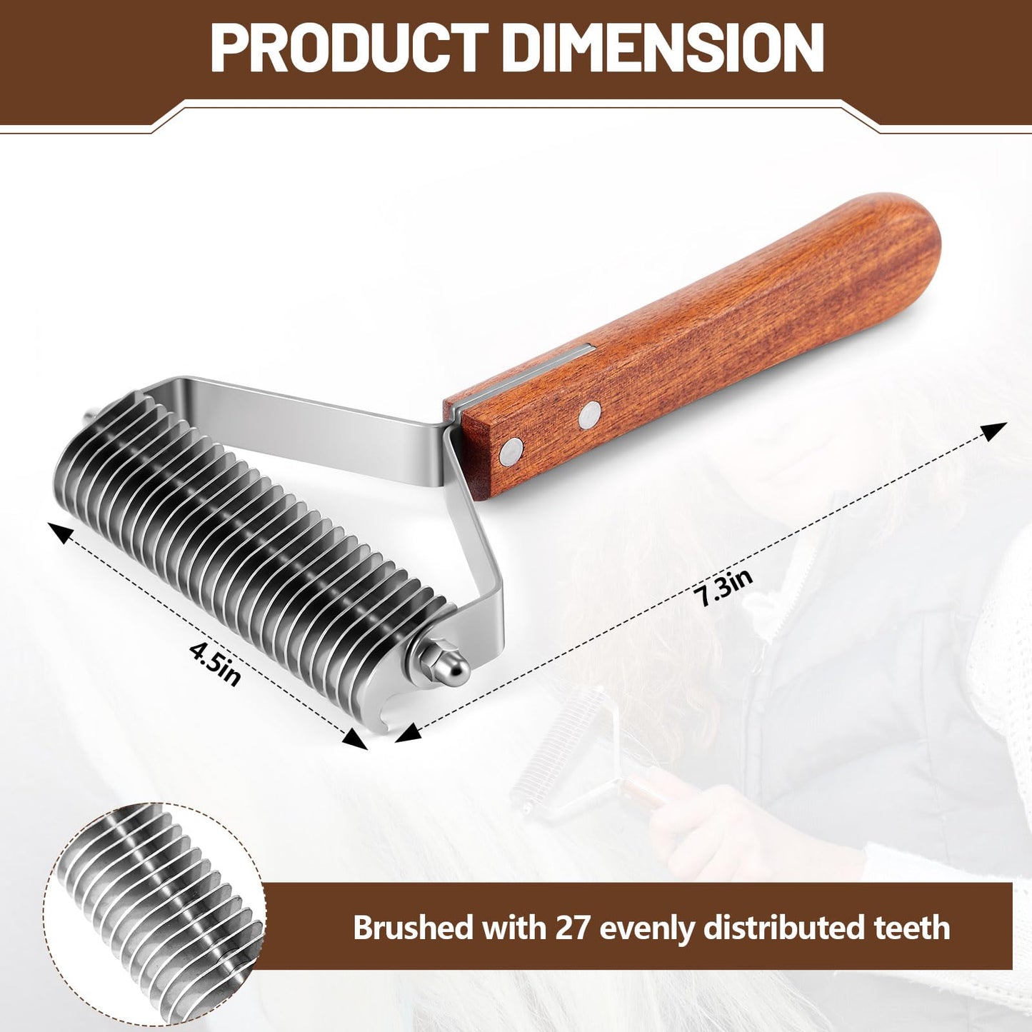 Abbylike Large Horse Brush Deshedding Tool Horse Goats Cow Brush for Shedding Cattle Livestock Comb for Grooming Dematting Supplies with 27 Stainless Steel Blades and Wood Handle